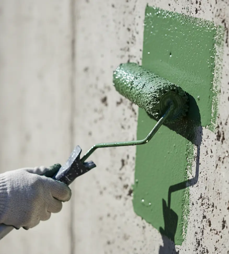 Siloanstrich Wandlack Grün wasserverdünnbar Schimmelschutz säureresistent für Futtersilos Landwirtschaft - Detailaufnahme grüner Anstrich wird aufgetragen mit Farbrolle - Vorschau