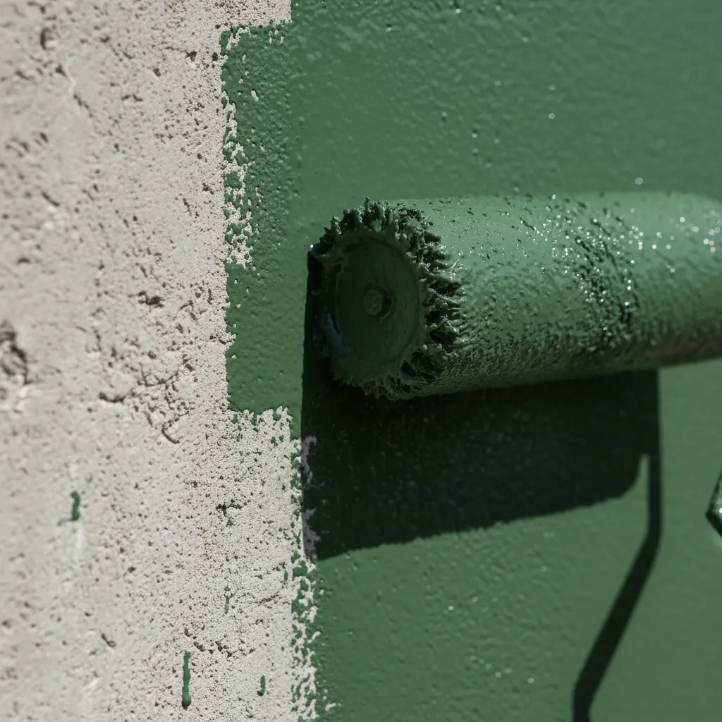 Siloanstrich Wandlack Grün wasserverdünnbar Schimmelschutz säureresistent für Futtersilos Landwirtschaft - Nahaufnahme Farbroller grüne Beschichtung Detail - Vorschau